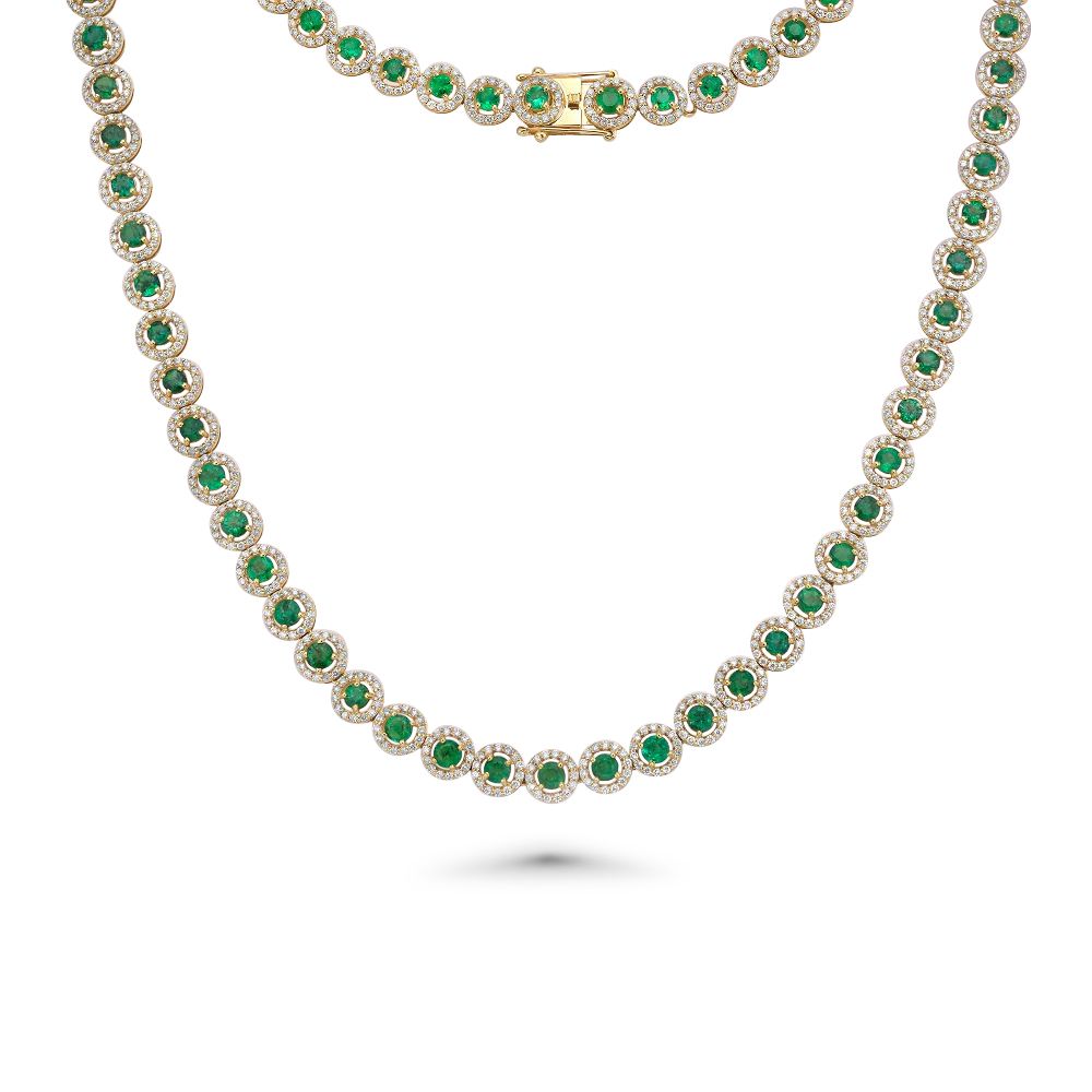 Emerald Diamond Halo Tennis Necklace in 14K Gold