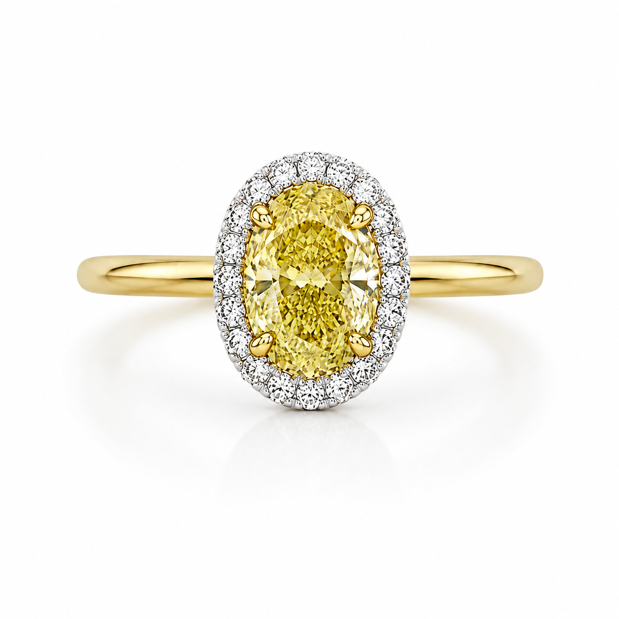 Lab Grown Diamond (2.30 ct.) Fancy Yellow Oval Cut Halo Diamonds Setting Engagement Ring in 14K Gold