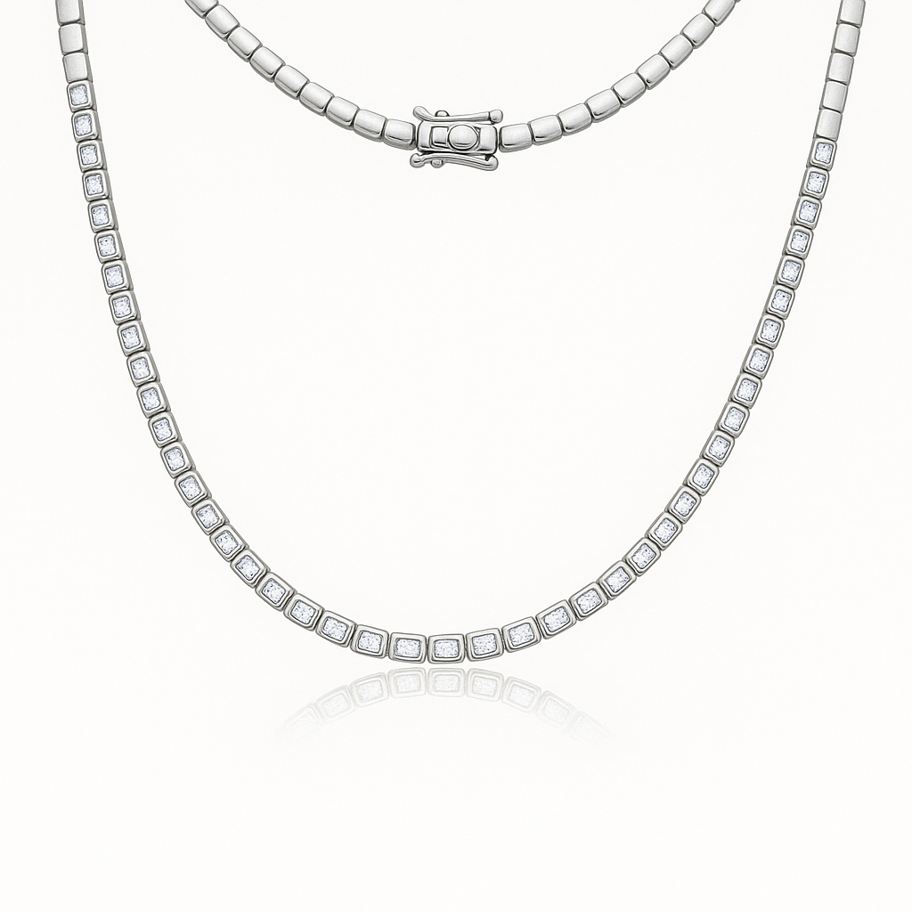 East-West Emerald Cut Diamond Tennis Necklace (4.00 ct.) Halfway Bezel Set in 14K Gold
