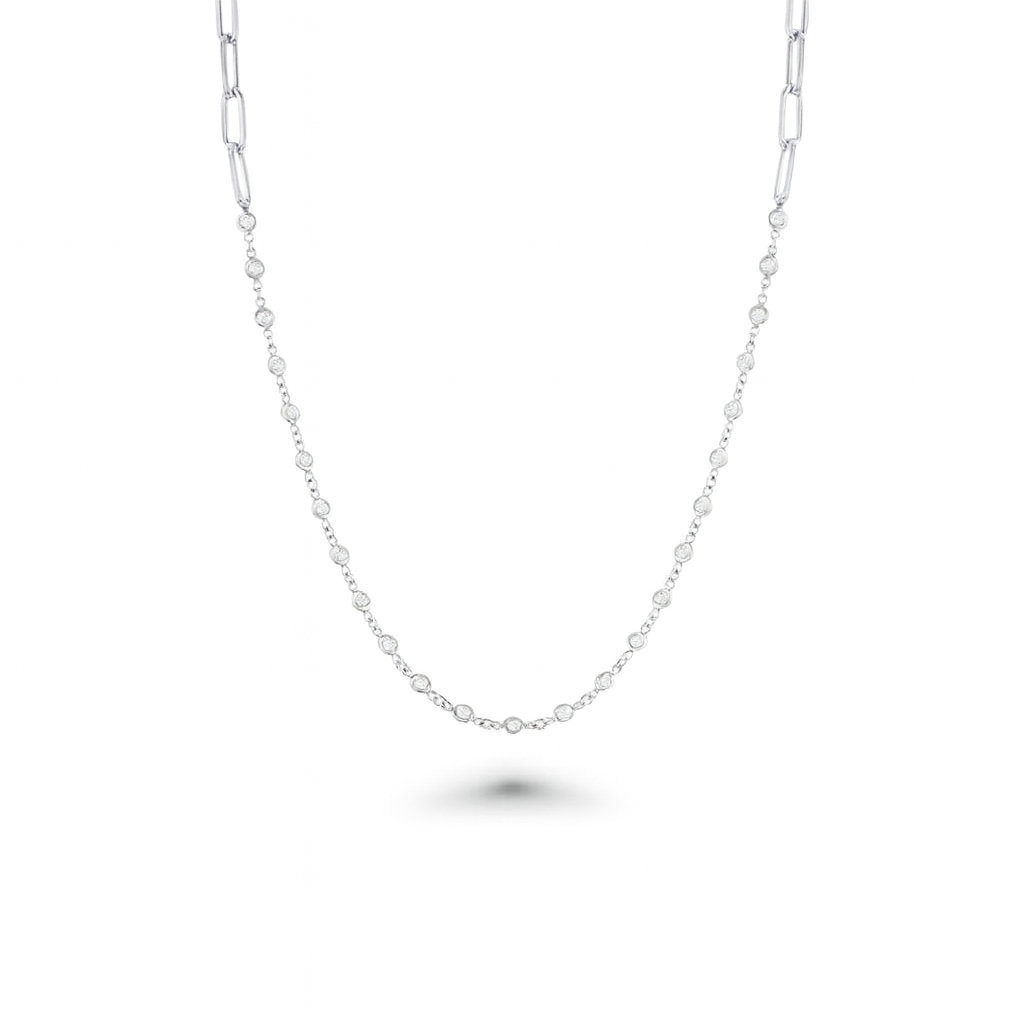 25 Stone Diamonds By The Yard Station Necklace & Half Paper Clip Chain (1.00 ct.) Bezel Set in 14K Gold