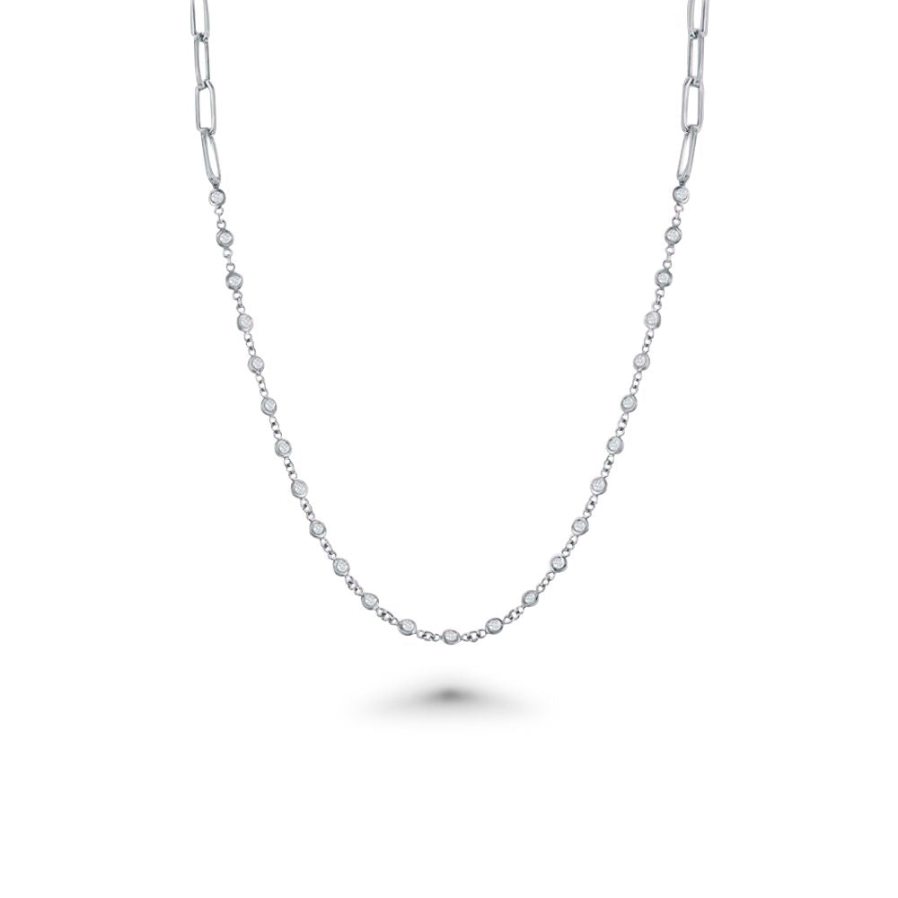 26 Stone Diamond by the Yard Station Necklace and Half Paper Clip Chain (1.03 ct.) Bezel Set in 14K Gold