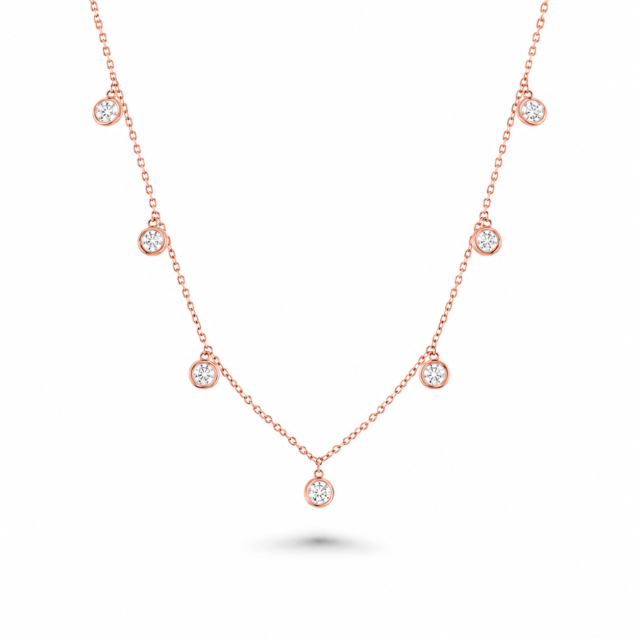 7 Stone Diamond Dangle Necklace, Bezel Set Diamond Station Necklace (1.50 ct.) in 14K Gold Chain