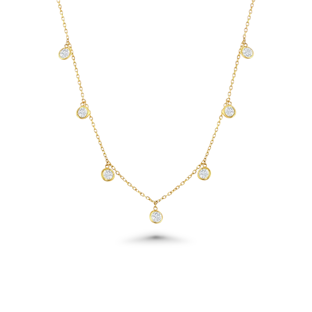 7 Stone Diamond Dangle Necklace, Bezel Set Diamond Station Necklace (1.50 ct.) in 14K Gold Chain