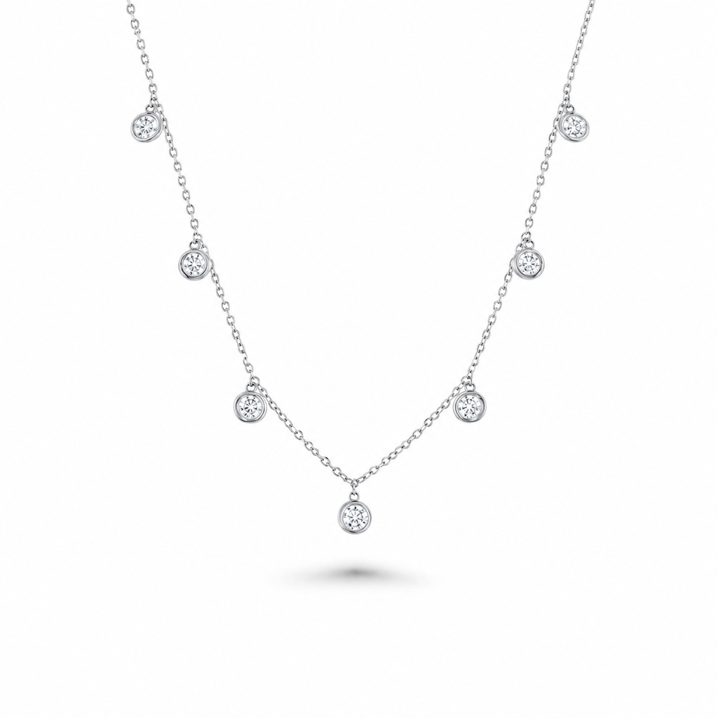 7 Stone Diamond Dangle Necklace, Bezel Set Diamond Station Necklace (1.50 ct.) in 14K Gold Chain