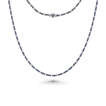 Alternate Diamond & Blue Sapphire Tennis Necklace (5.50 ct.) 3 mm 4-Prongs Setting in 14K Gold