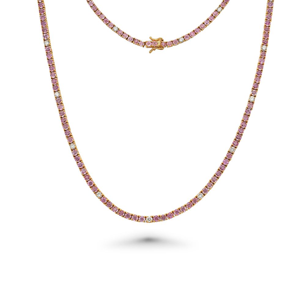 Alternate Diamonds & Pink Sapphire Tennis Necklace ( 12.50 ct.) 3 mm 4-Prongs Setting in 14K Gold