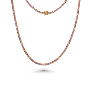 Alternate Diamonds & Pink Sapphire Tennis Necklace ( 12.50 ct.) 3 mm 4-Prongs Setting in 14K Gold