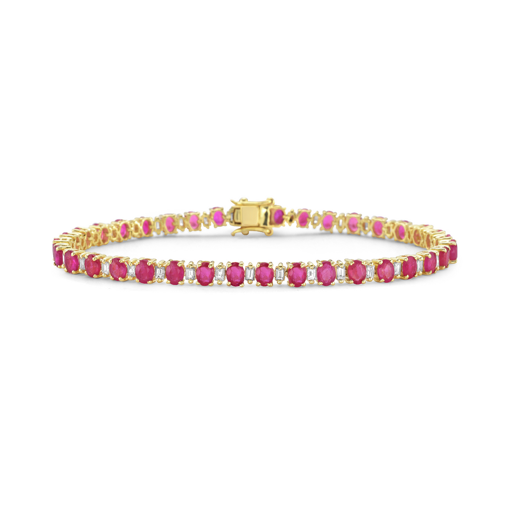 Alternate Ruby Oval Shape & Emerald Cut Diamond Bracelet (10.25 ct.) in 14K Gold