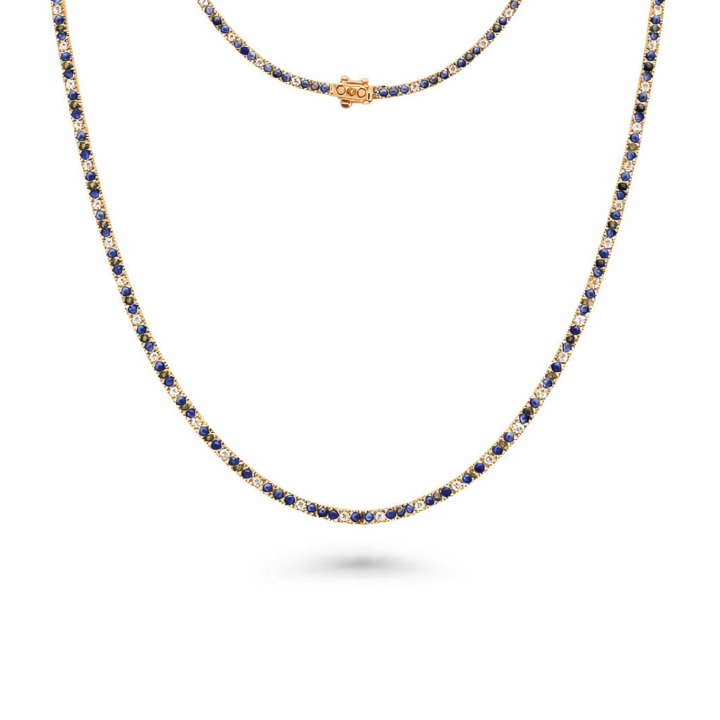 Alternate Diamond & Blue Sapphire Tennis Necklace (5.50 ct.) 3 mm 4-Prongs Setting in 14K Gold