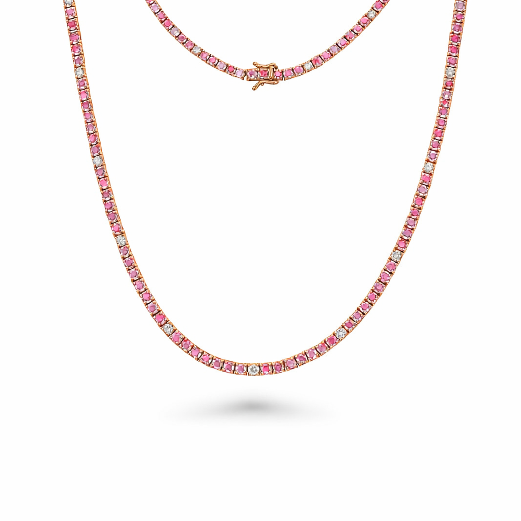 Alternate Diamonds & Pink Sapphire Tennis Necklace ( 12.50 ct.) 3 mm 4-Prongs Setting in 14K Gold