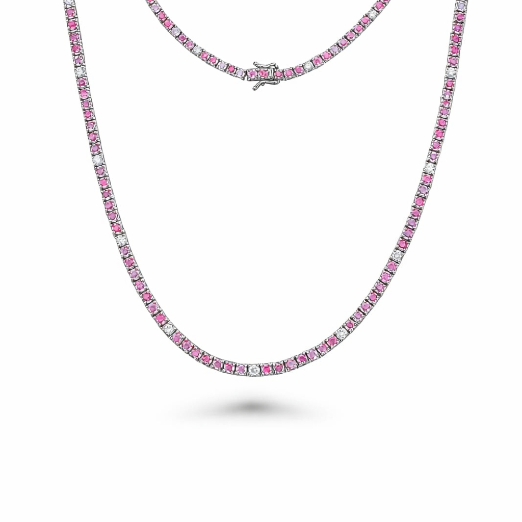 Alternate Diamonds & Pink Sapphire Tennis Necklace ( 12.50 ct.) 3 mm 4-Prongs Setting in 14K Gold