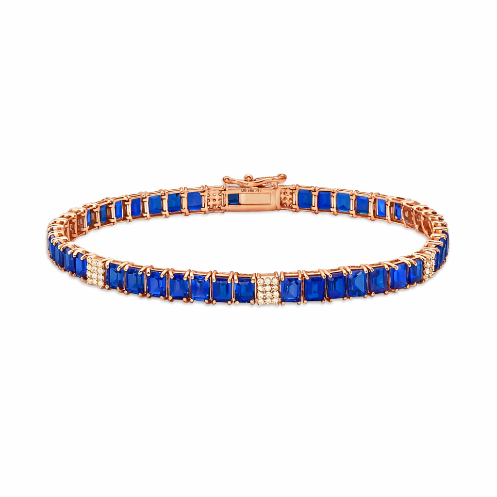 Alternate Emerald Cut Blue Sapphires & Diamonds Tennis Bracelet (11.50 ct.) 4-Prongs Setting in 14K Gold