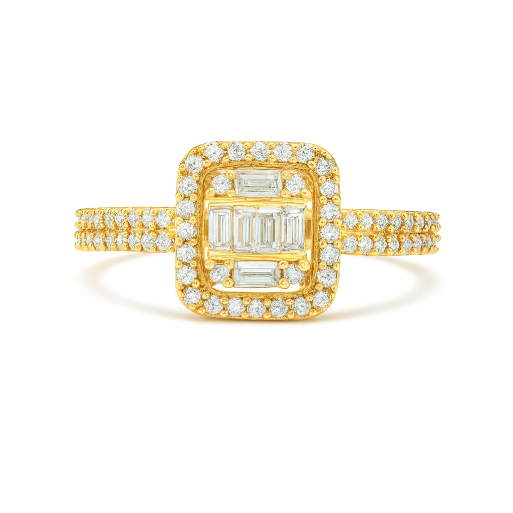 Baguette & Round Diamond Halo Illusion Solitaire Engagement Ring (0.50 ct.) in 14K Gold