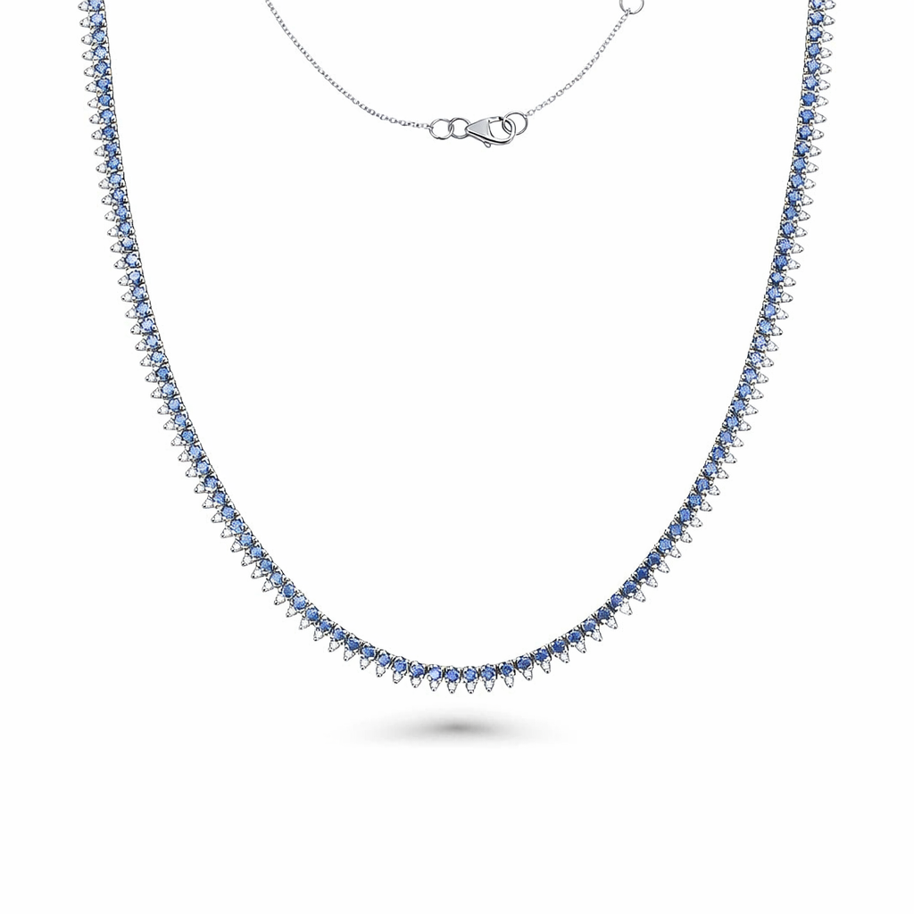 Blue Sapphire & Diamond Halfway Tennis Choker Necklace (6.60 ct.) in 14K Gold