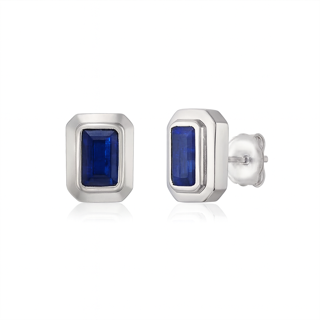 Blue Sapphire Rectangular Shape Studs Bezel Setting Earrings (1.75 ct.) in 14K Gold