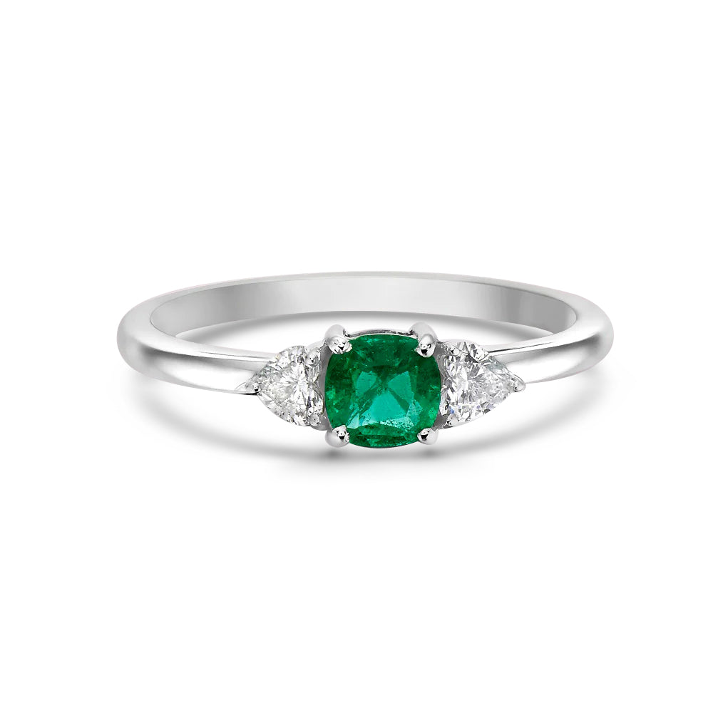 Cushion Emerald & Heart Shape Diamond Ring (0.55 ct.) 4-Prongs Setting in 14K Gold