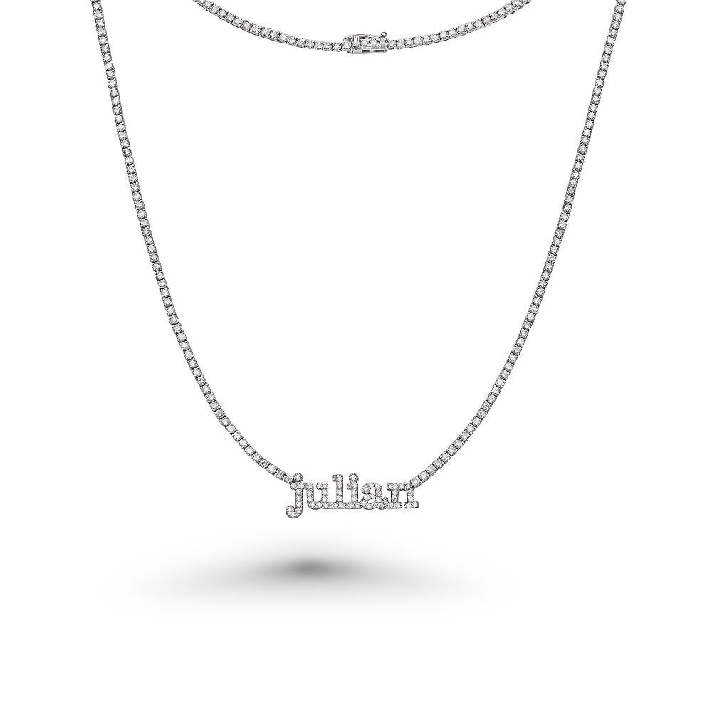 Custom Name Plate Diamond Tennis Necklace ( 5.00 ct.) 1.7 mm 4-Prongs Setting in 14K Gold