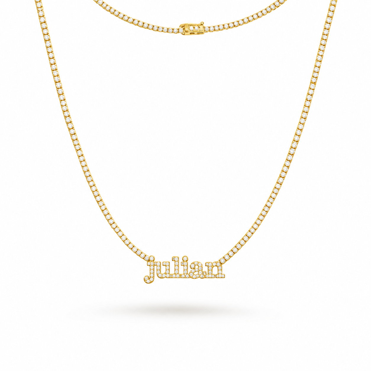 Custom Name Plate Lab Grown Diamond Tennis Necklace (5.00 ct.) 1.7 mm 4-Prongs Setting in 14K Gold