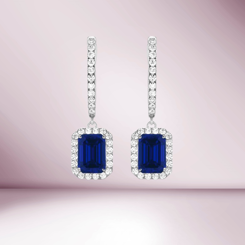 Diamond Hoop & Dangle Emerald Cut Blue Sapphire With Diamond Halo Earrings (1.90 ct.) in 14K Gold