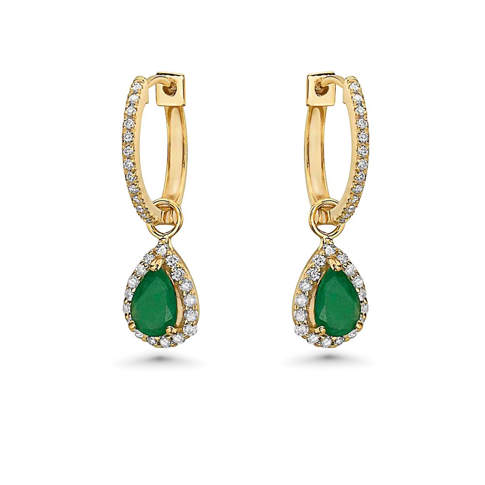 Diamond Hoop & Dangle Emerald Pear Shape With Diamond Halo Earrings (1.06 ct.) in 14K Gold