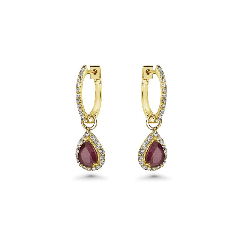 Diamond Hoop & Dangle Red Ruby Pear Shape With Diamond Halo Earrings (1.69 ct.) in 14K Gold