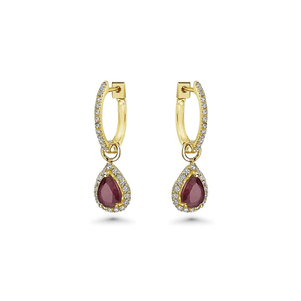 Diamond Hoop & Dangle Red Ruby Pear Shape With Diamond Halo Earrings (1.69 ct.) in 14K Gold