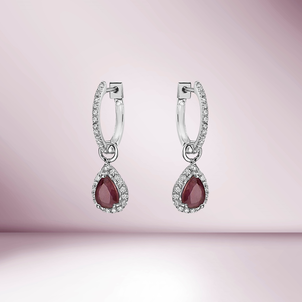 Diamond Hoop & Dangle Red Ruby Pear Shape With Diamond Halo Earrings