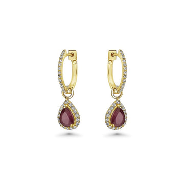 Diamond Hoop & Dangle Red Ruby Pear Shape With Diamond Halo Earrings (1.69 ct.) in 14K Gold