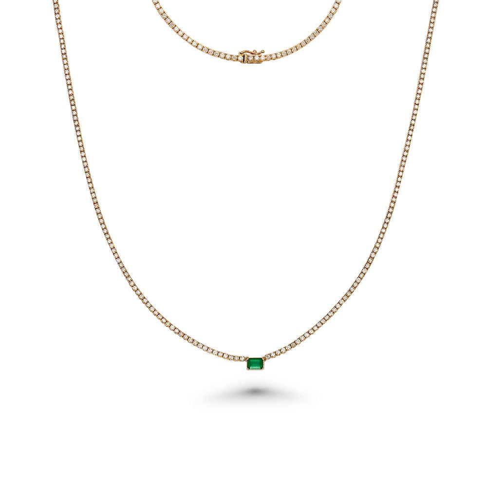 Diamond Tennis Necklace With Emerald Cut Emerald 7.20x5mm (5.50 ct.) 2 mm 4-Prongs Setting in 14K Gold