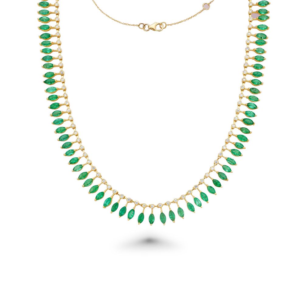 Diamond & Dangling Marquise Shape Emerald Choker Necklace (16.80 ct.) in 14K Gold