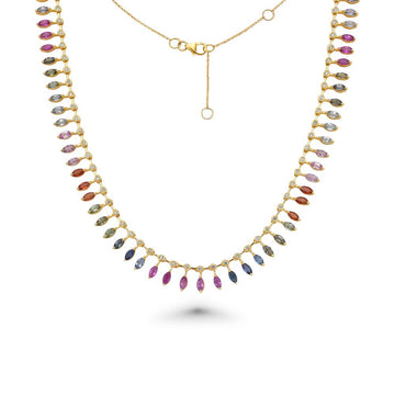 Diamond & Dangling Marquise Shape Rainbow Sapphire Choker Necklace (13.40 ct.) in 14K Gold
