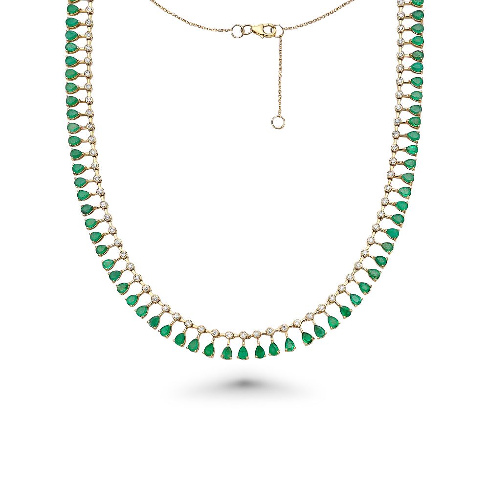 Diamond & Dangling Pear Shape Emerald Choker Necklace (10.20 ct.) in 14K Gold