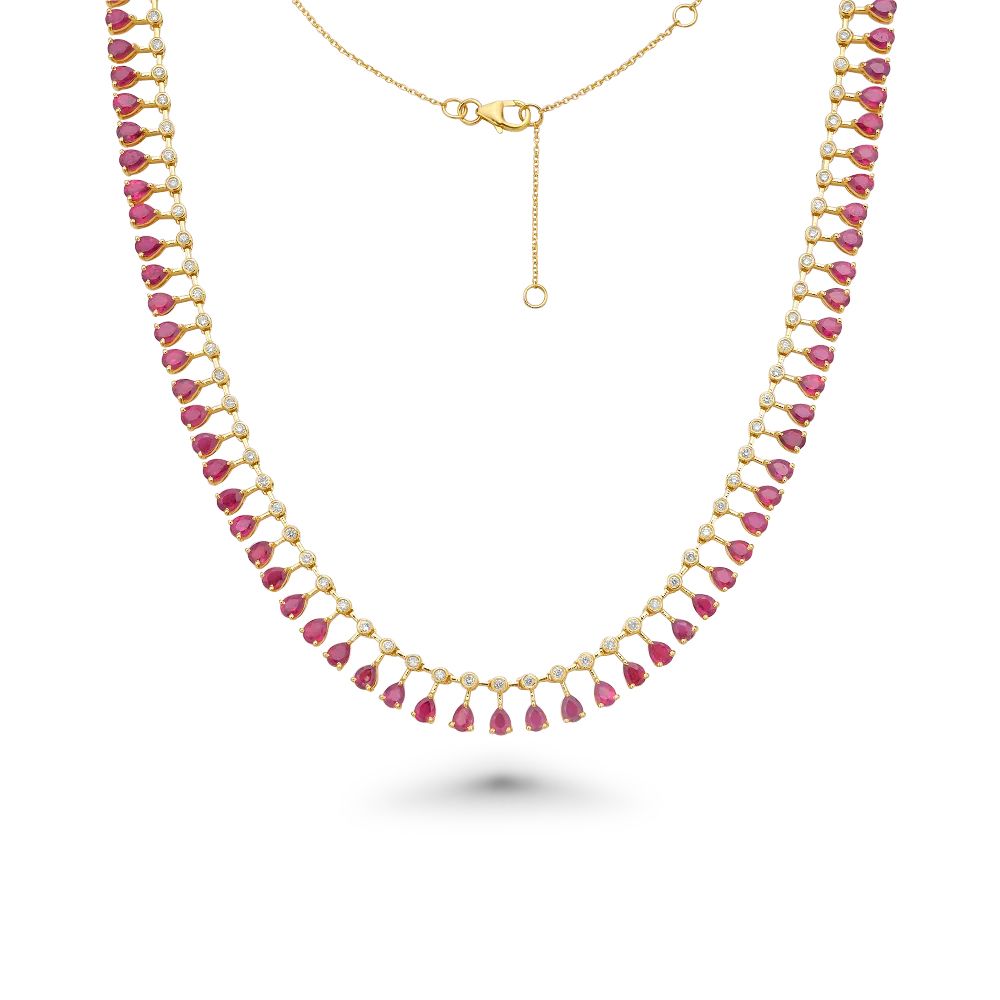 Diamond & Dangling Pear Shape Pink Sapphire Choker Necklace (17.00 ct.) in 14K Gold