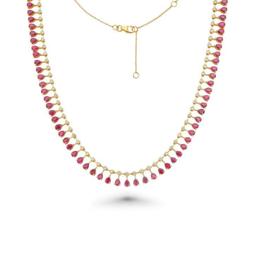 Diamond & Dangling Pear Shape Pink Sapphire Choker Necklace (17.00 ct.) in 14K Gold