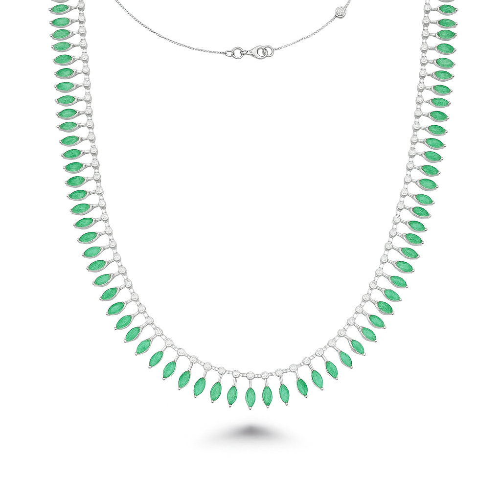 Diamond & Dangling Marquise Shape Emerald Choker Necklace (16.80 ct.) in 14K Gold