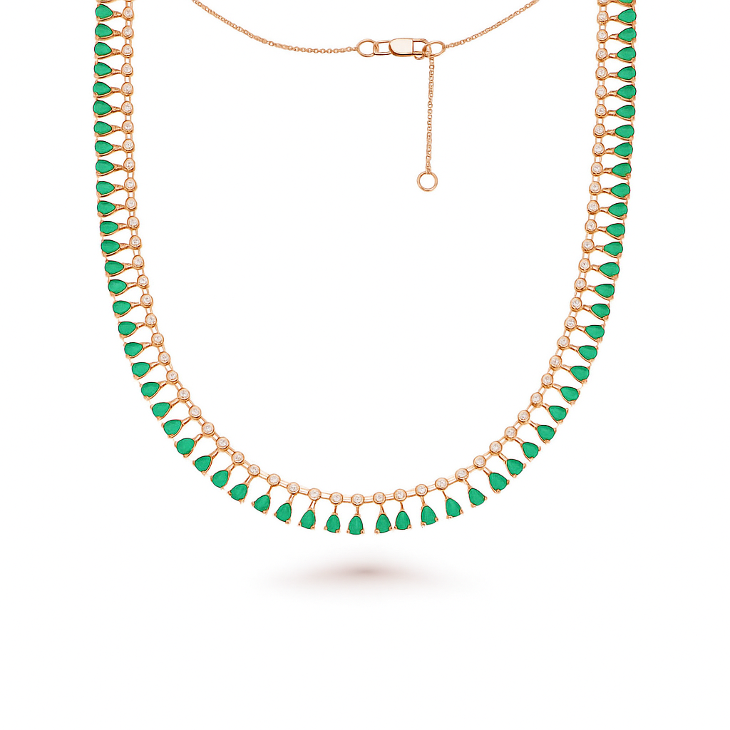 Diamond & Dangling Pear Shape Emerald Choker Necklace (10.20 ct.) in 14K Gold