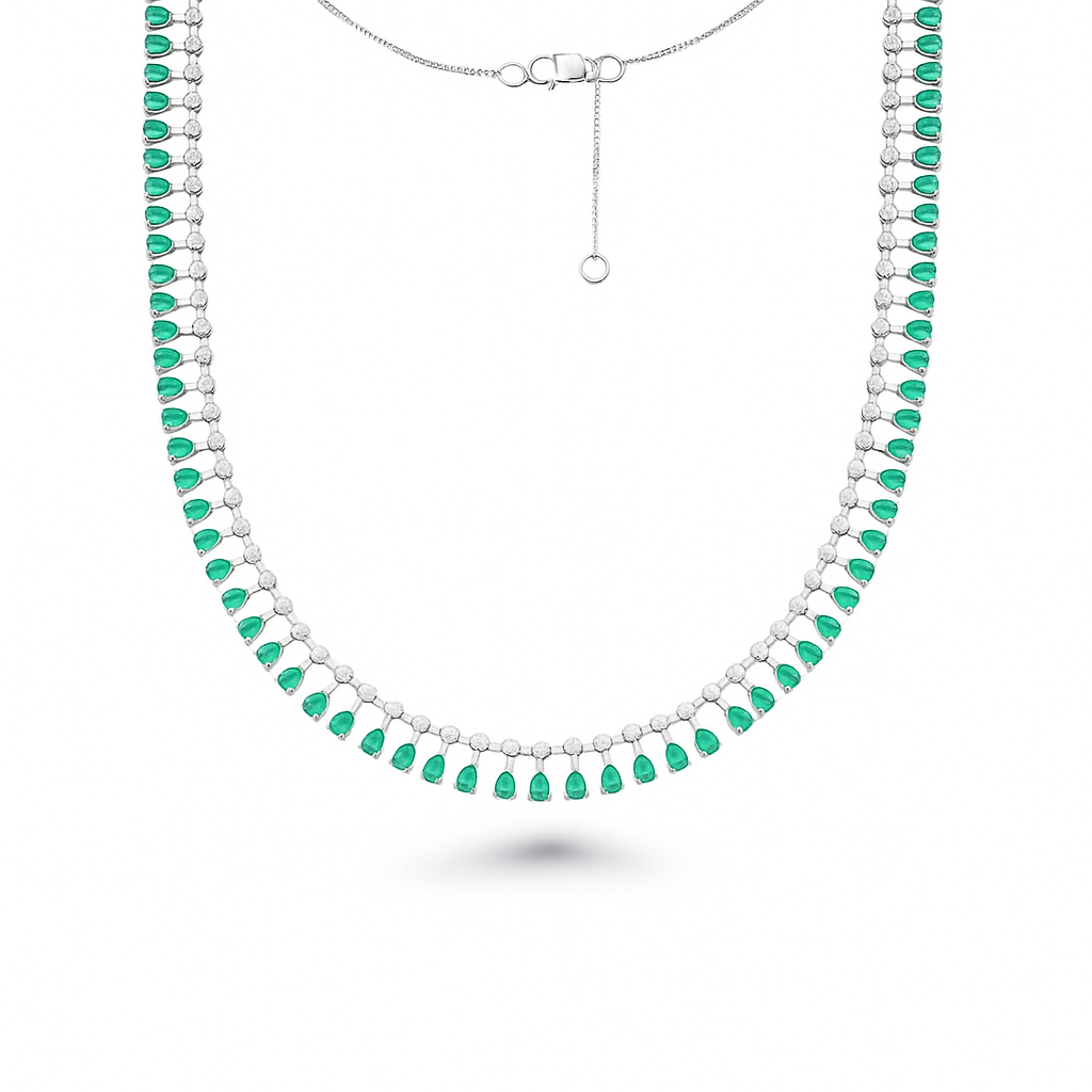 Diamond & Dangling Pear Shape Emerald Choker Necklace (10.20 ct.) in 14K Gold