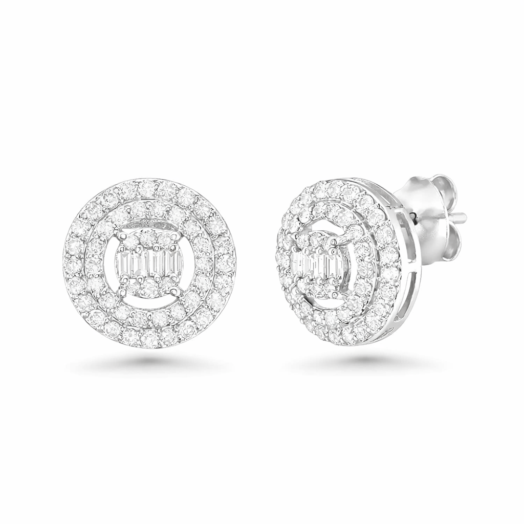 Diamond Double Halo & Baguette Round Shape Studs Earrings (0.95 ct.) in 14K Gold