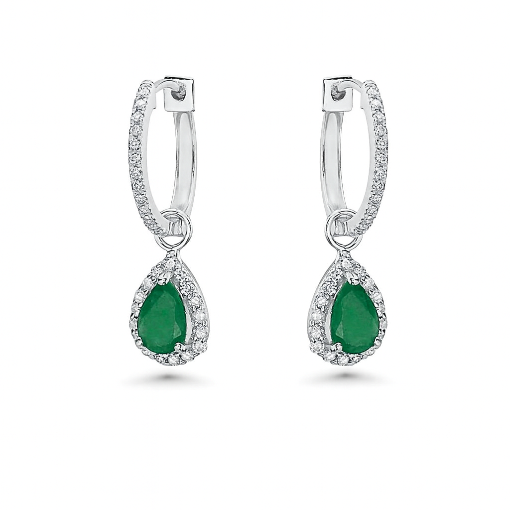 Diamond Hoop & Dangle Emerald Pear Shape With Diamond Halo Earrings (1.06 ct.) in 14K Gold