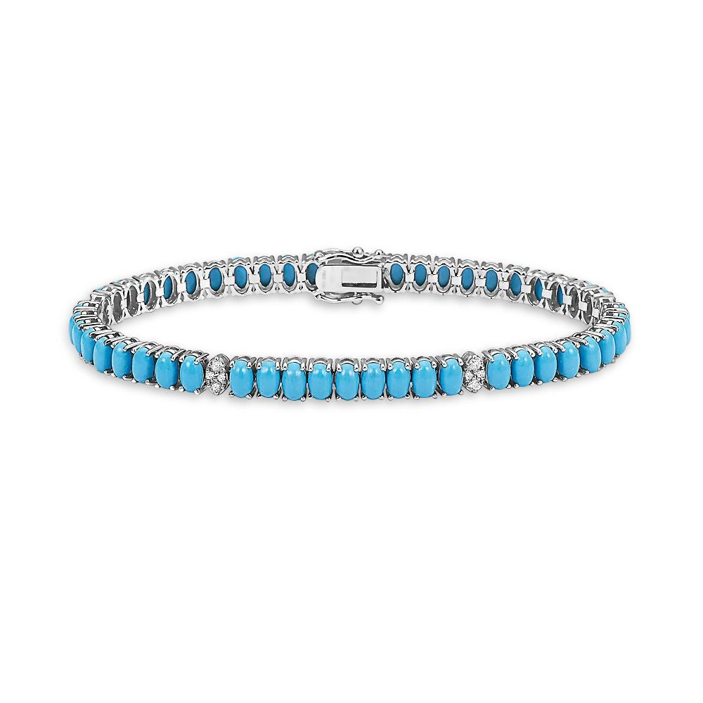 Diamond & Oval Turquoise Tennis Bracelet ( 8.20 ct.) 4-Prongs Setting in 14K Gold