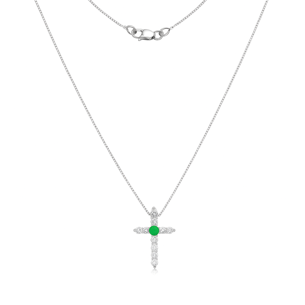 Diamonds and Emerald Cross Necklace (0.45 ct.) in 14K Gold