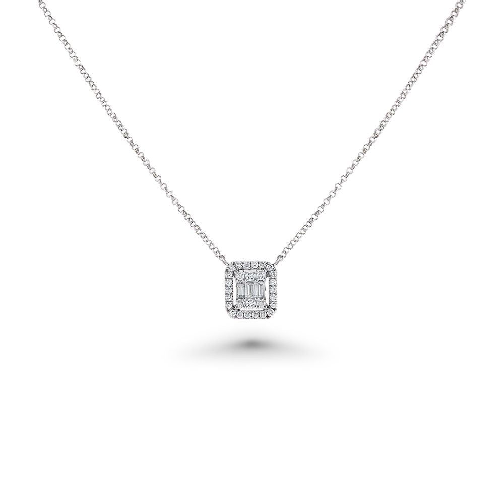 Double Halo Baguette Diamond Rectangular Shape Necklace (0.28 ct.) in 14K Gold