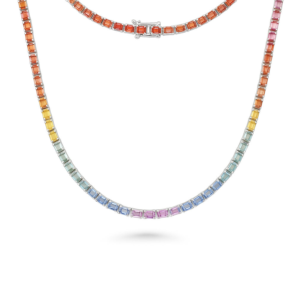 East West Rainbow Multi Color Sapphire Emerald Cut Tennis Necklace (25.00 ct.) 4-Prongs Setting in 14K Gold