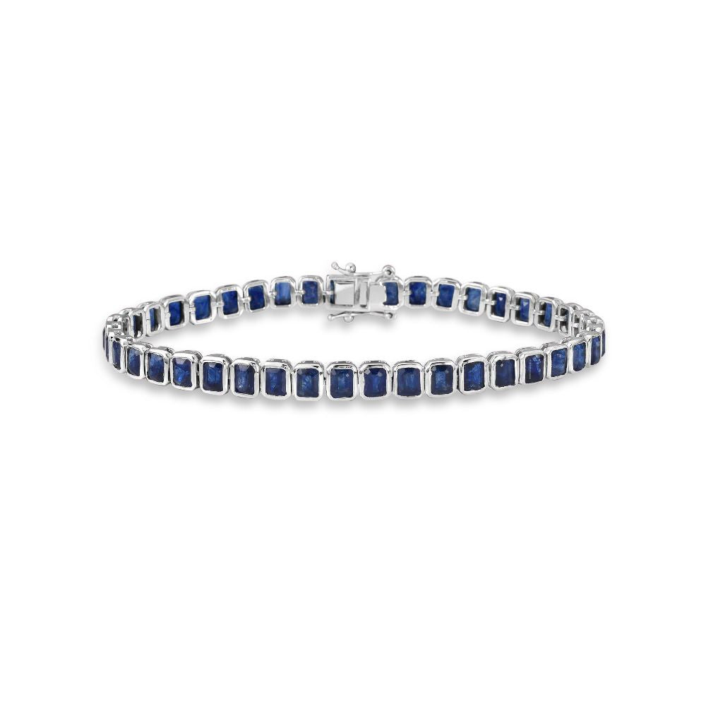 Emerald Cut Blue Sapphires Tennis Bracelet (13.00 ct.) Bezel Setting in 14K Gold