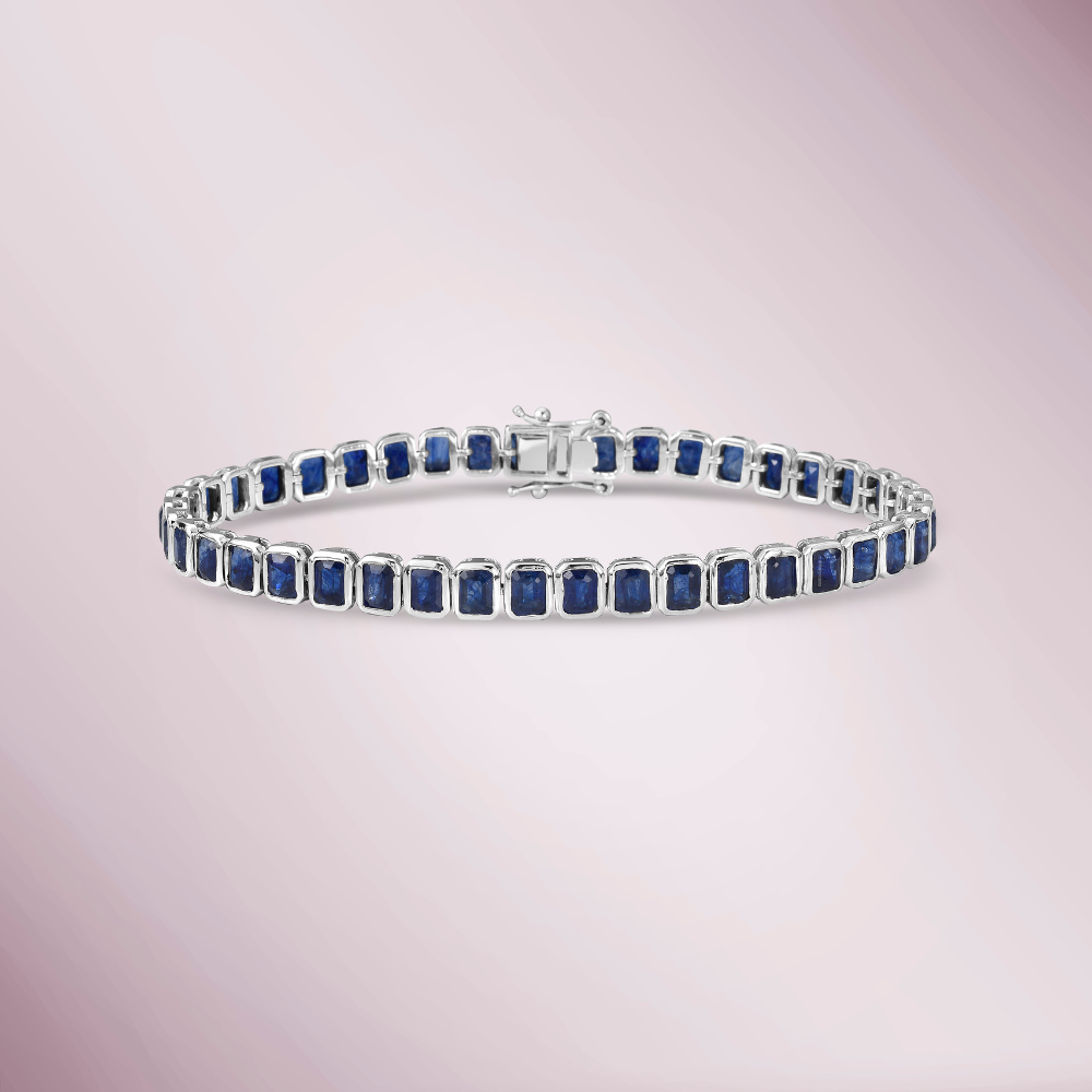 Emerald Cut Blue Sapphires Tennis Bracelet (13.00 ct.) Bezel Setting in 14K Gold