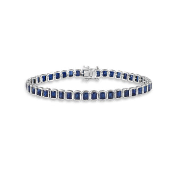 Emerald Cut Blue Sapphires Tennis Bracelet (13.00 ct.) Bezel Setting in 14K Gold