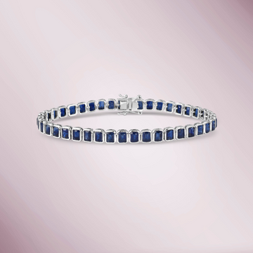 Emerald Cut Blue Sapphires Tennis Bracelet (13.00 ct.) Bezel Setting in 14K Gold