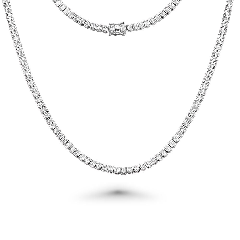 Emerald Cut Diamond Tennis Necklace (10.50 ct.) Bezel Set in 18K Gold