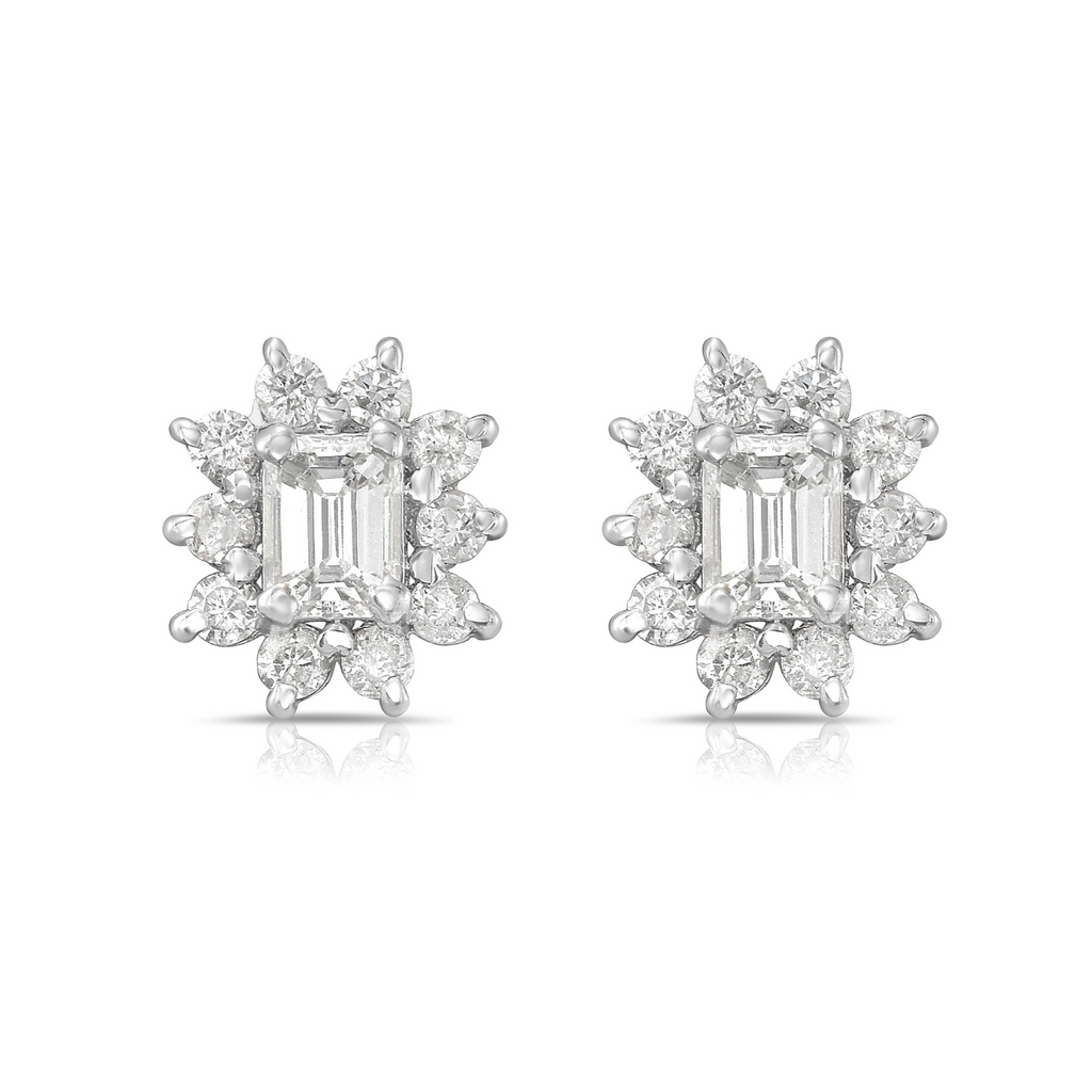 Emerald Cut Emerald Diamond halo Studs Earrings (0.35 ct.) in 14K Gold