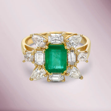 Emerald Cut Emerald & Multi Shape Diamond Cocktail Ring (3.60 ct.) in 14K Gold